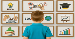 Woman looking at educational wall frames representing learning pathways